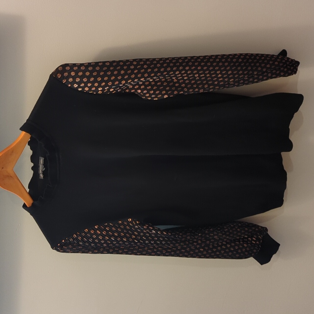 S Anthropologie Adrianna Papell Gold Dot Long Sleeve Sweater Black Top Holiday